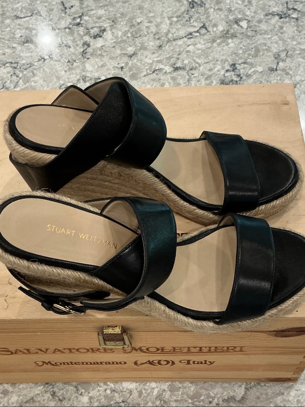 Stuart Weitzman Black Leather Espadrille Wedge Sandals - Picture 2 of 9